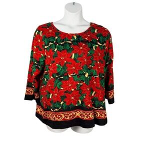 Collections etc T-shirt XXL Poinsettia Floral Sequins 3/4 Sleeve Christmas Party